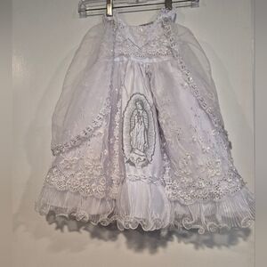 Toddlers Lady of Guadalupe Baptismal  Elegant White Embroidered Dress with Motif